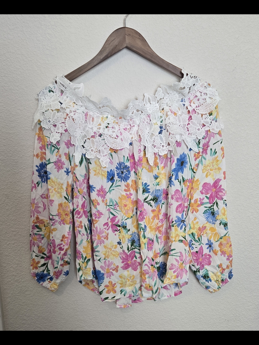 Floral Off-Shoulder Lace Trim Blouse - White Multicolor